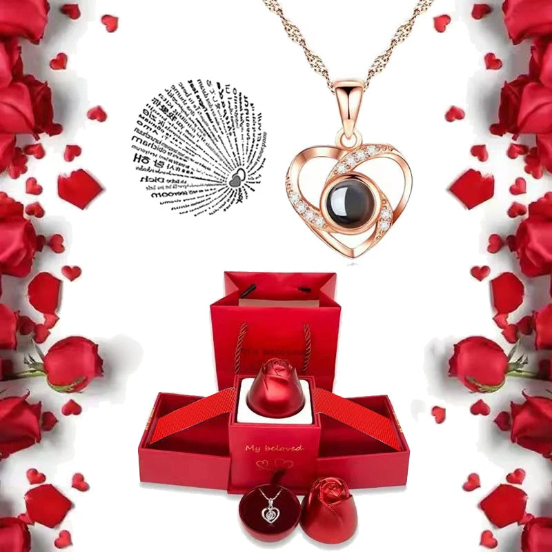 I Love You Necklace with Roses Gift Box