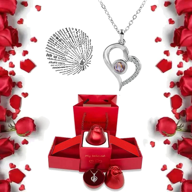 I Love You Necklace with Roses Gift Box