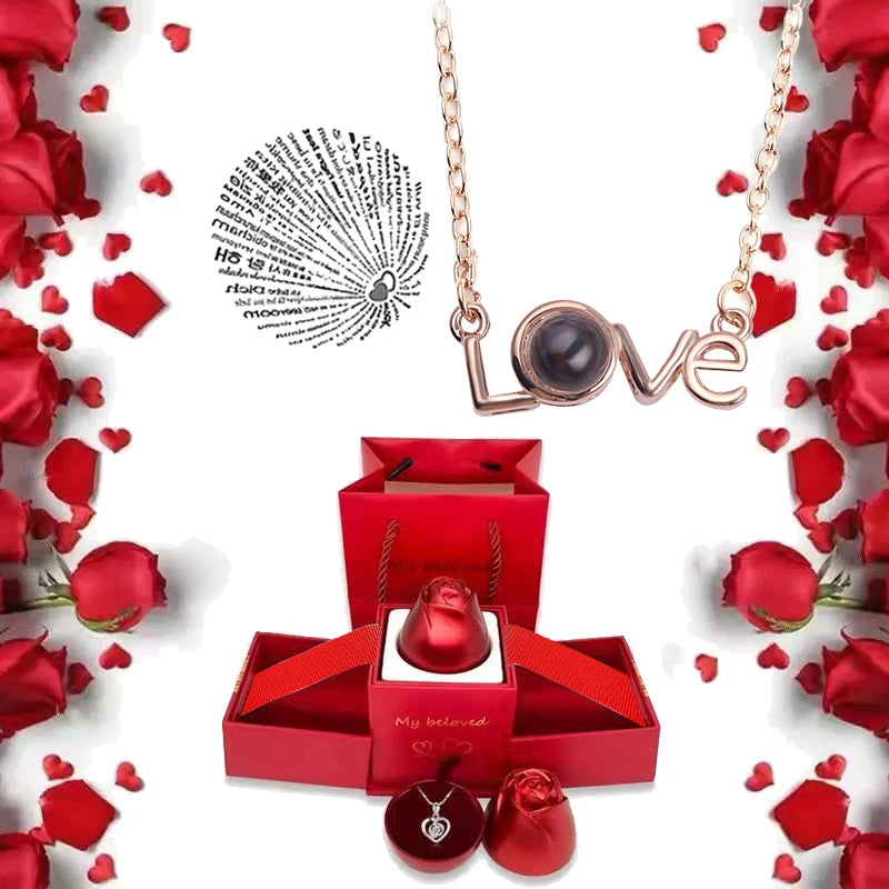 I Love You Necklace with Roses Gift Box
