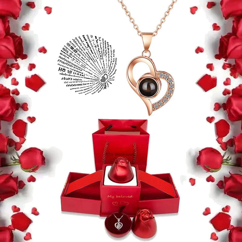 I Love You Necklace with Roses Gift Box