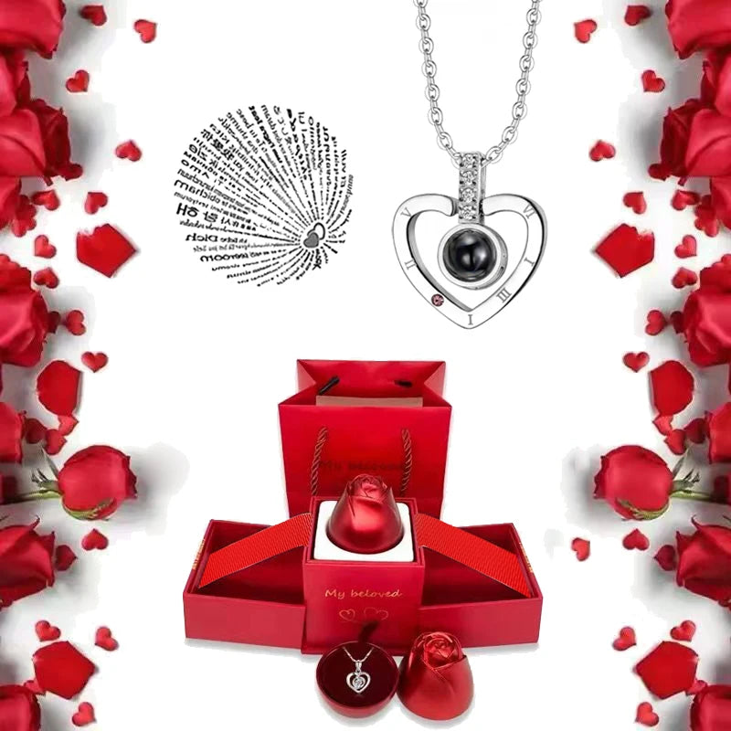 I Love You Necklace with Roses Gift Box